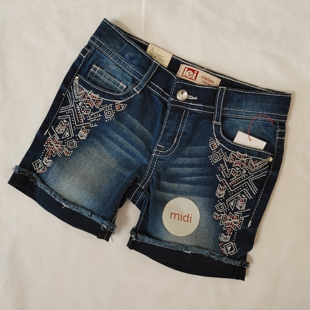 GIRLS SUMMER --  STRETCH DENIM, BLING LOWRISE MIDI SHORT